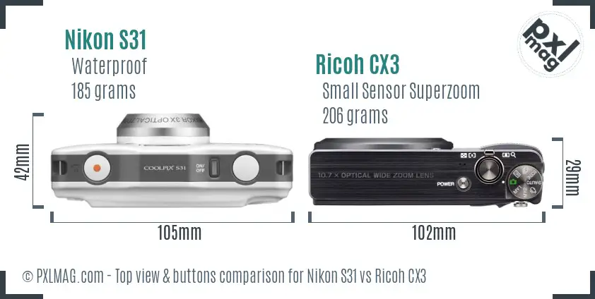 Nikon S31 vs Ricoh CX3 top view buttons comparison