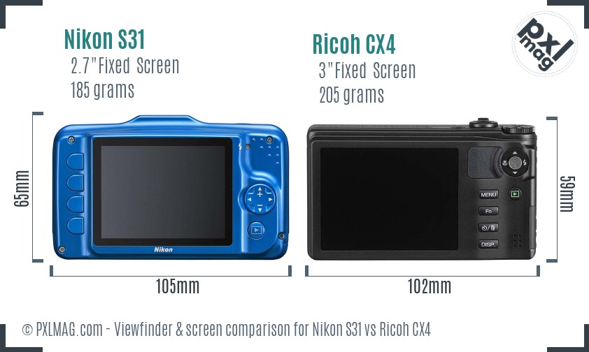 Nikon S31 vs Ricoh CX4 Screen and Viewfinder comparison