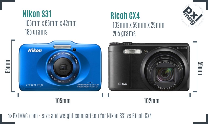 Nikon S31 vs Ricoh CX4 size comparison Nikon S31 vs Ricoh CX4 size comparison