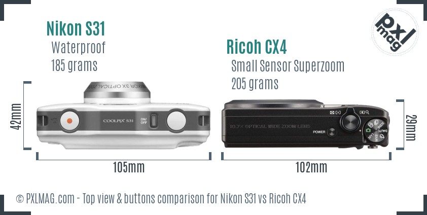 Nikon S31 vs Ricoh CX4 top view buttons comparison