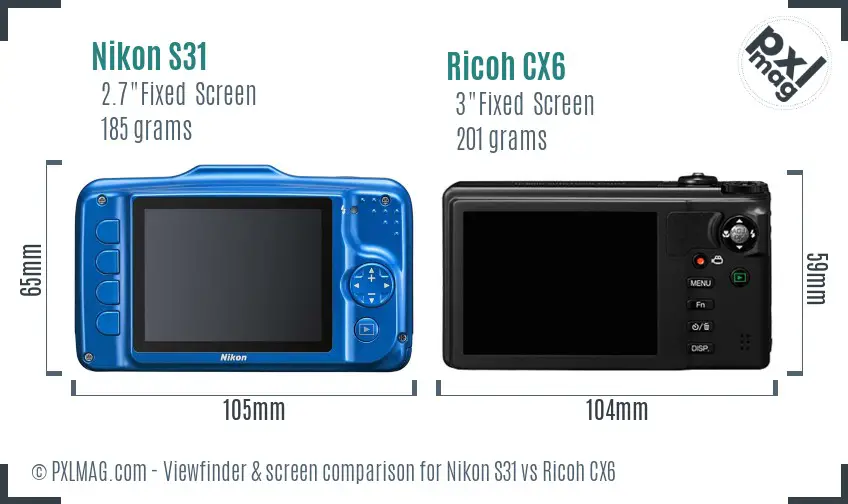 Nikon S31 vs Ricoh CX6 Screen and Viewfinder comparison