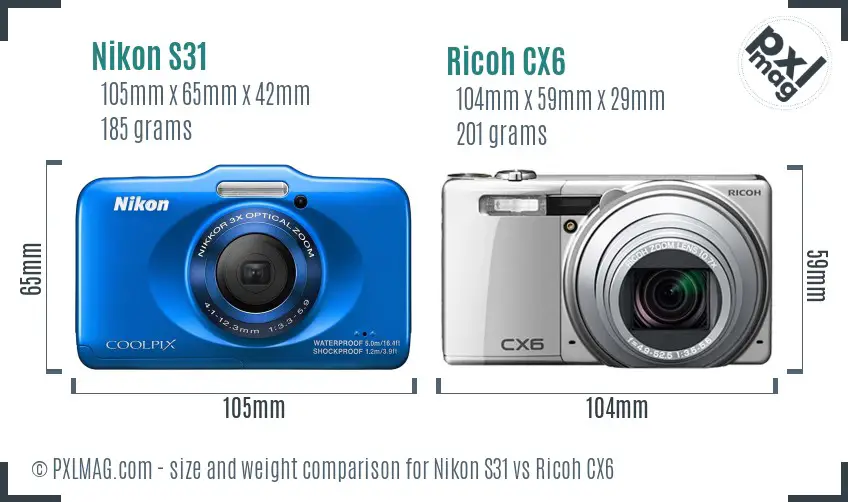 Nikon S31 vs Ricoh CX6 size comparison