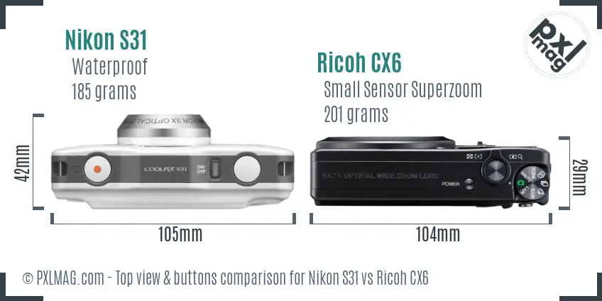 Nikon S31 vs Ricoh CX6 top view buttons comparison