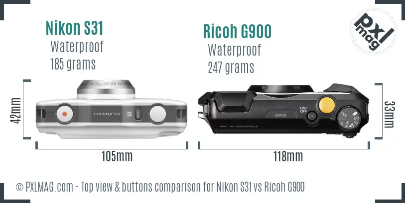Nikon S31 vs Ricoh G900 top view buttons comparison