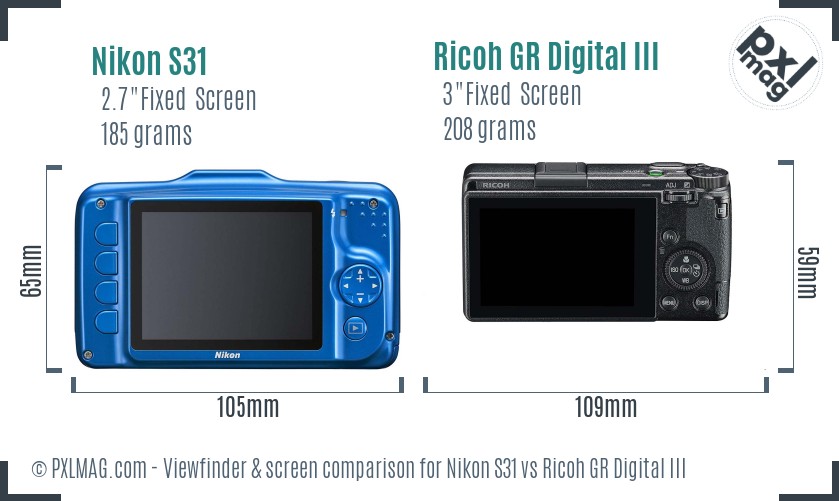 Nikon S31 vs Ricoh GR Digital III Screen and Viewfinder comparison