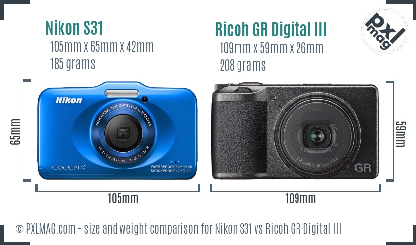 Nikon S31 vs Ricoh GR Digital III size comparison