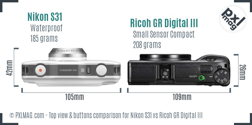 Nikon S31 vs Ricoh GR Digital III top view buttons comparison