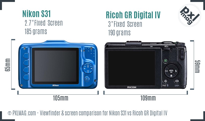 Nikon S31 vs Ricoh GR Digital IV Screen and Viewfinder comparison