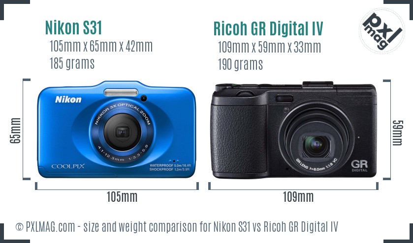 Nikon S31 vs Ricoh GR Digital IV size comparison