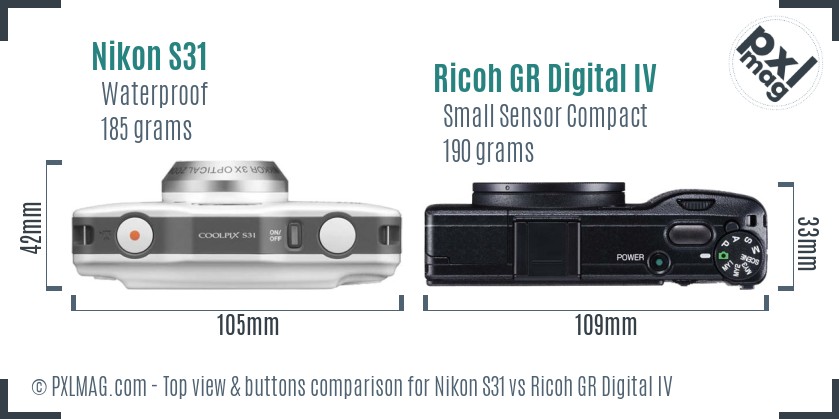 Nikon S31 vs Ricoh GR Digital IV top view buttons comparison