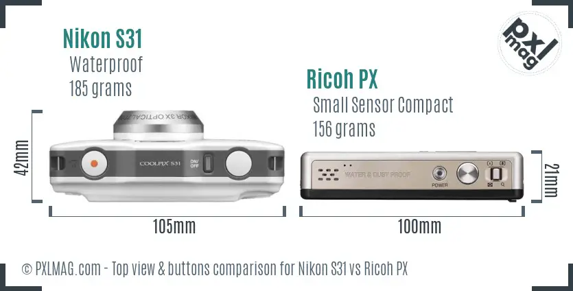 Nikon S31 vs Ricoh PX top view buttons comparison Nikon S31 vs Ricoh PX top view buttons comparison