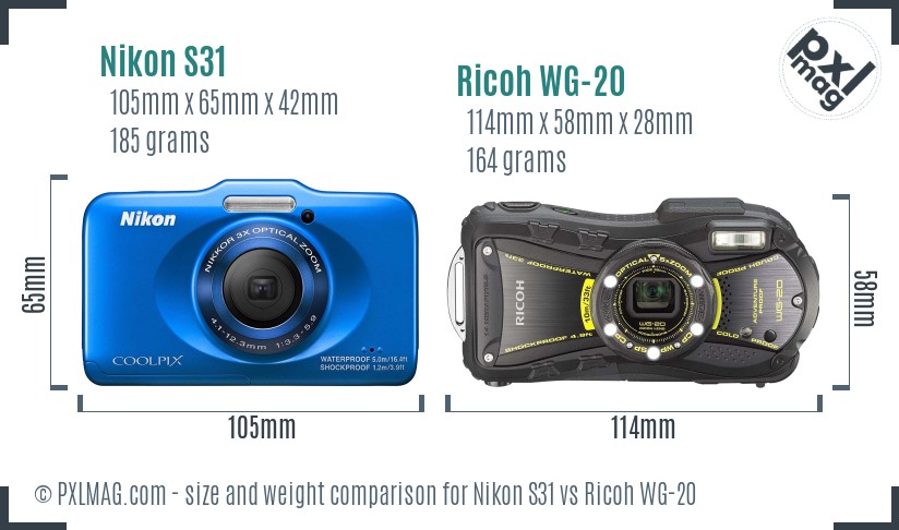 Nikon S31 vs Ricoh WG-20 size comparison