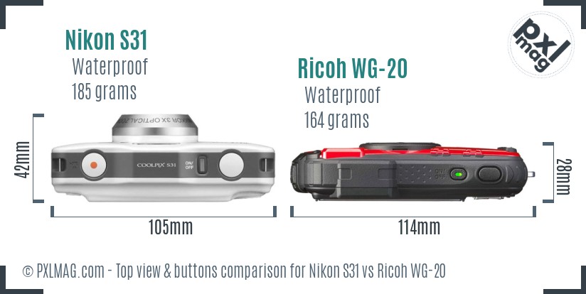Nikon S31 vs Ricoh WG-20 top view buttons comparison