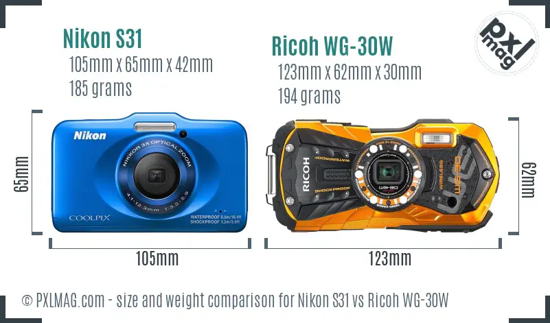 Nikon S31 vs Ricoh WG-30W size comparison