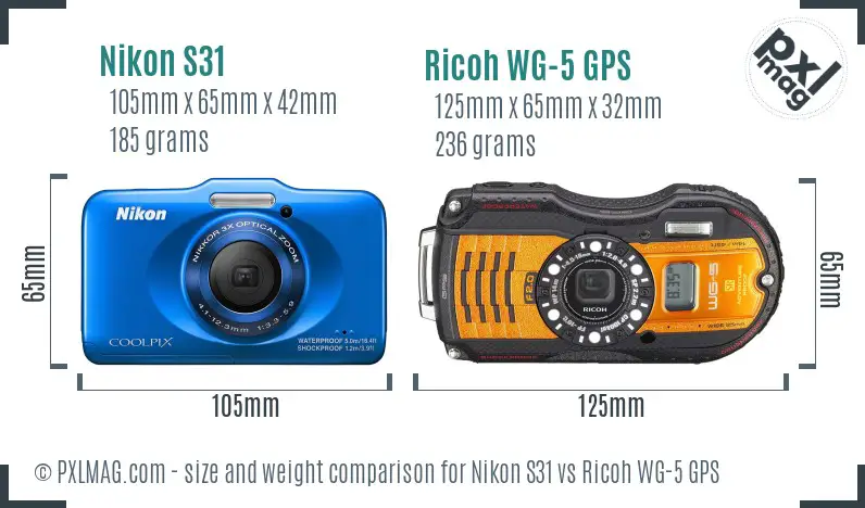 Nikon S31 vs Ricoh WG-5 GPS size comparison