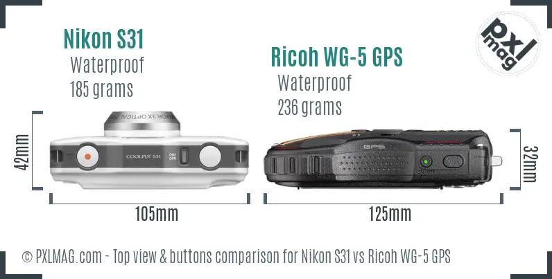 Nikon S31 vs Ricoh WG-5 GPS top view buttons comparison
