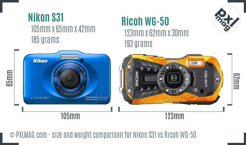 Nikon S31 vs Ricoh WG-50 size comparison