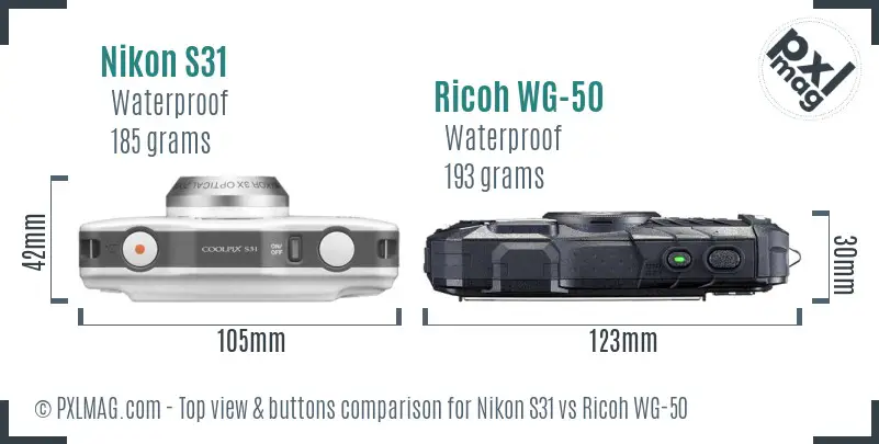 Nikon S31 vs Ricoh WG-50 top view buttons comparison