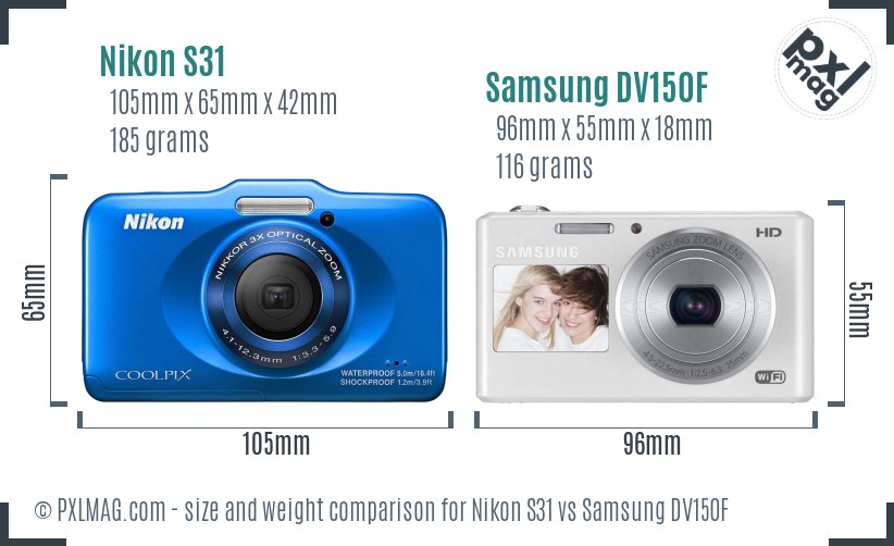 Nikon S31 vs Samsung DV150F size comparison