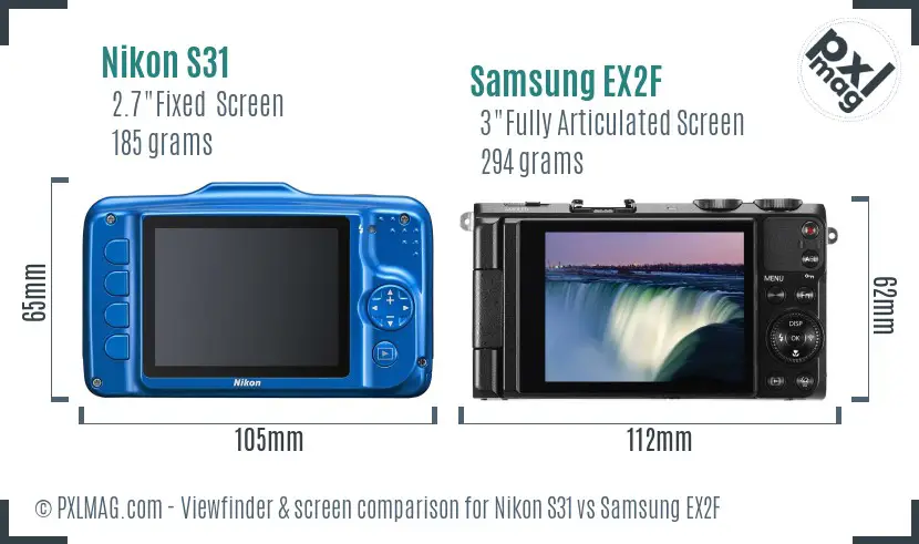 Nikon S31 vs Samsung EX2F Screen and Viewfinder comparison