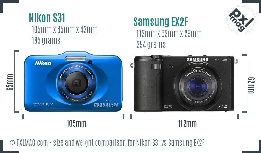 Nikon S31 vs Samsung EX2F size comparison