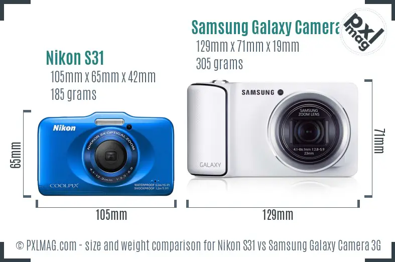 Nikon S31 vs Samsung Galaxy Camera 3G size comparison