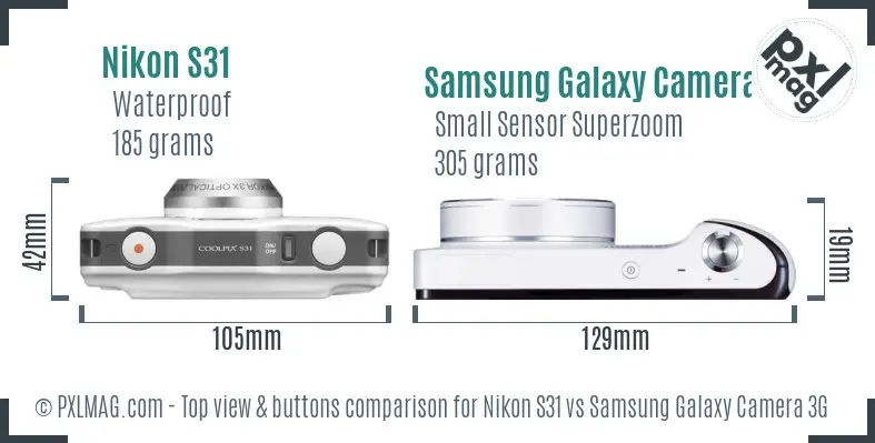 Nikon S31 vs Samsung Galaxy Camera 3G top view buttons comparison