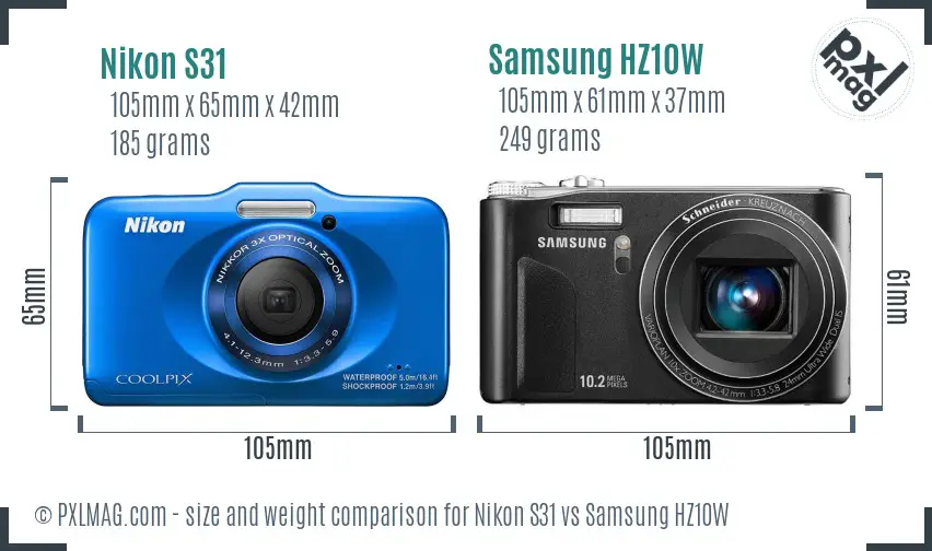 Nikon S31 vs Samsung HZ10W size comparison