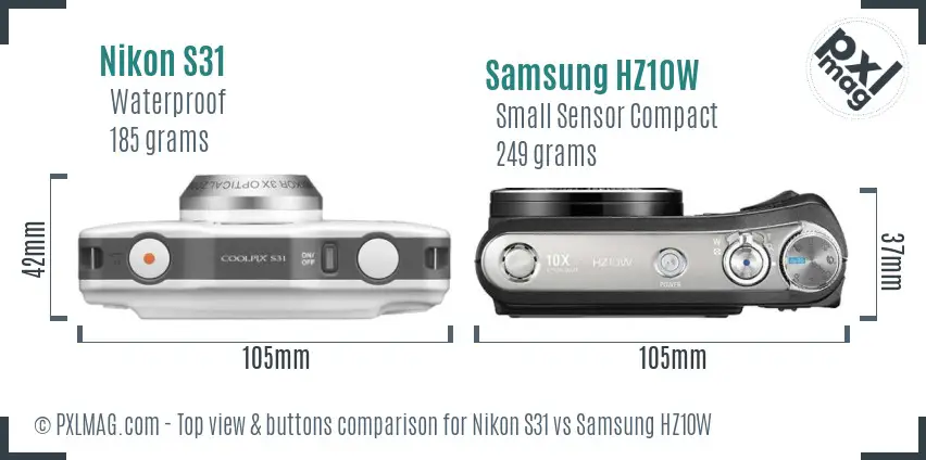 Nikon S31 vs Samsung HZ10W top view buttons comparison