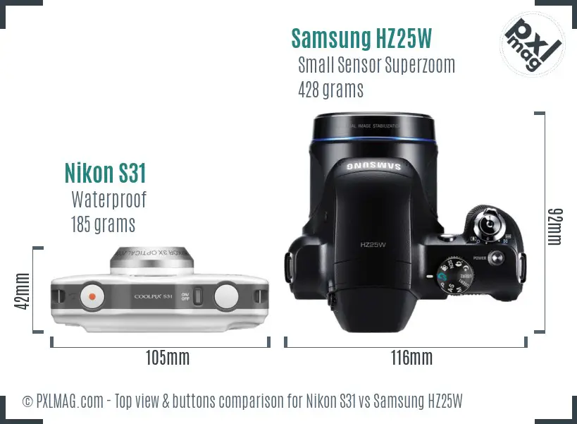 Nikon S31 vs Samsung HZ25W top view buttons comparison Nikon S31 vs Samsung HZ25W top view buttons comparison