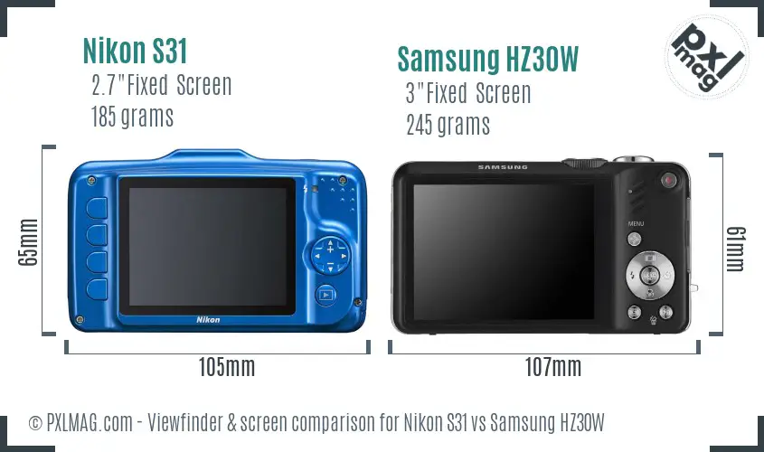 Nikon S31 vs Samsung HZ30W Screen and Viewfinder comparison