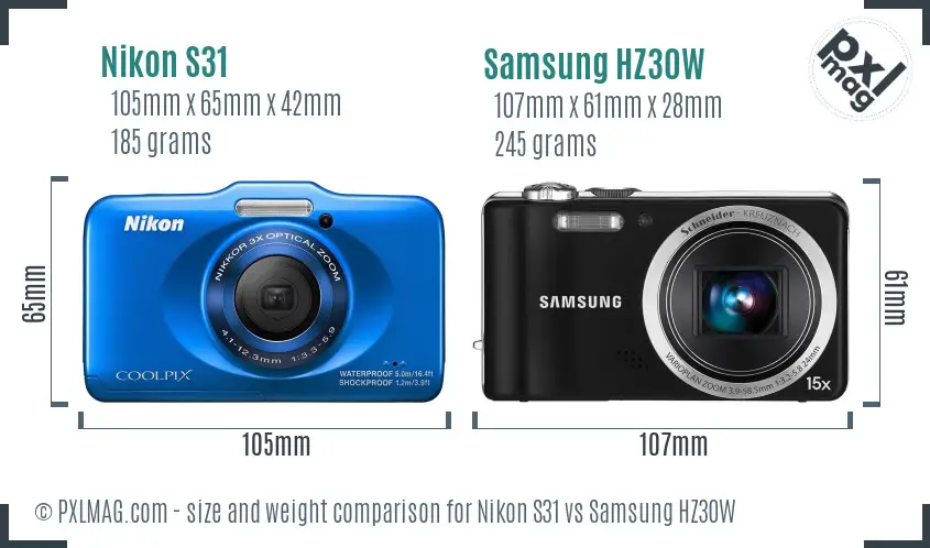 Nikon S31 vs Samsung HZ30W size comparison