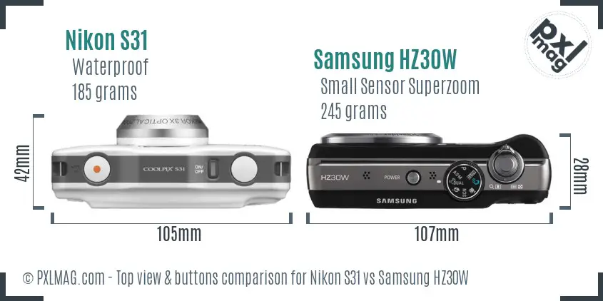 Nikon S31 vs Samsung HZ30W top view buttons comparison