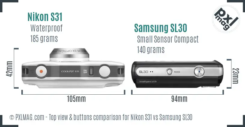 Nikon S31 vs Samsung SL30 top view buttons comparison Nikon S31 vs Samsung SL30 top view buttons comparison