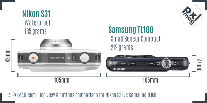 Nikon S31 vs Samsung TL100 top view buttons comparison