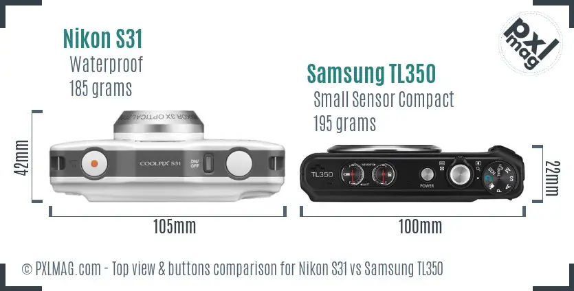 Nikon S31 vs Samsung TL350 top view buttons comparison Nikon S31 vs Samsung TL350 top view buttons comparison