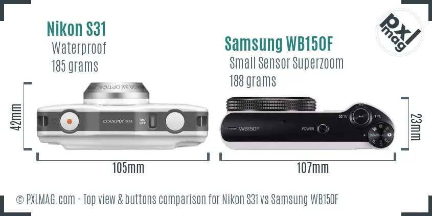 Nikon S31 vs Samsung WB150F top view buttons comparison Nikon S31 vs Samsung WB150F top view buttons comparison