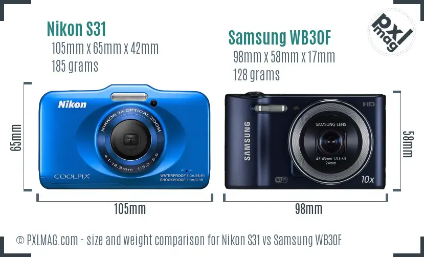 Nikon S31 vs Samsung WB30F size comparison