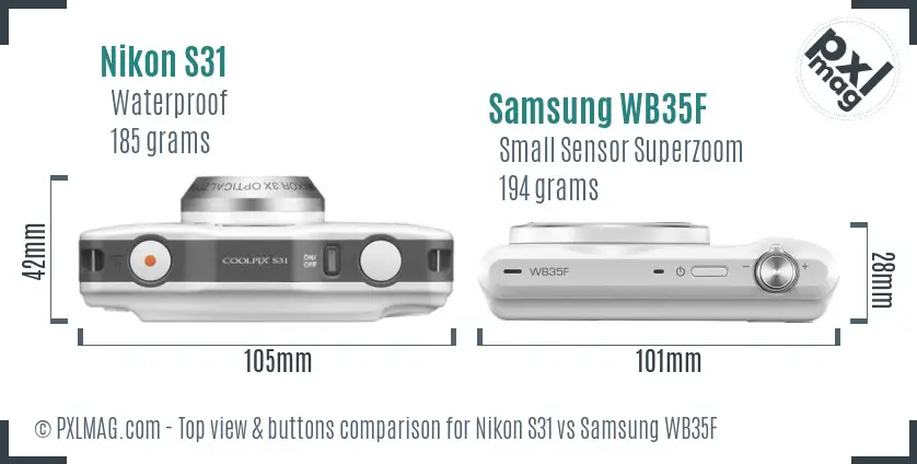 Nikon S31 vs Samsung WB35F top view buttons comparison Nikon S31 vs Samsung WB35F top view buttons comparison