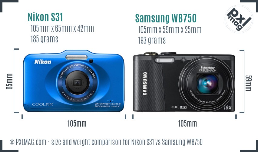 Nikon S31 vs Samsung WB750 size comparison