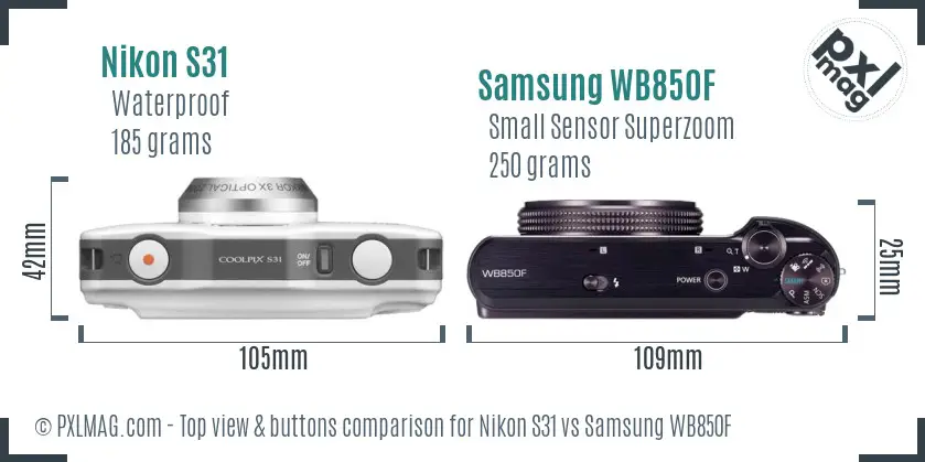 Nikon S31 vs Samsung WB850F top view buttons comparison