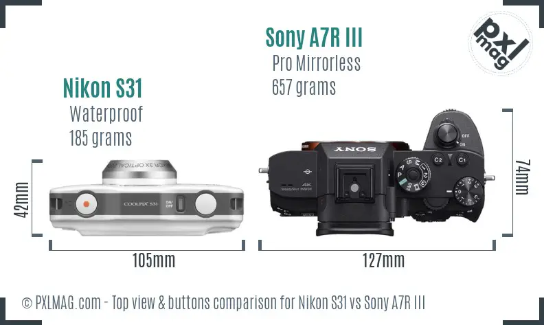 Nikon S31 vs Sony A7R III top view buttons comparison