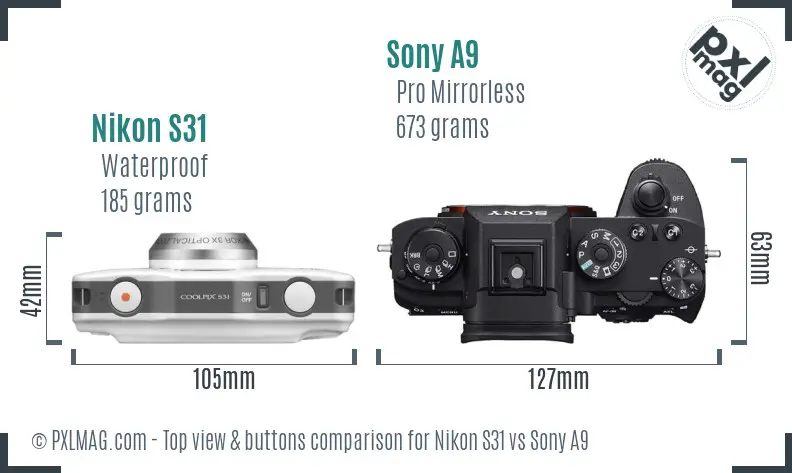 Nikon S31 vs Sony A9 top view buttons comparison