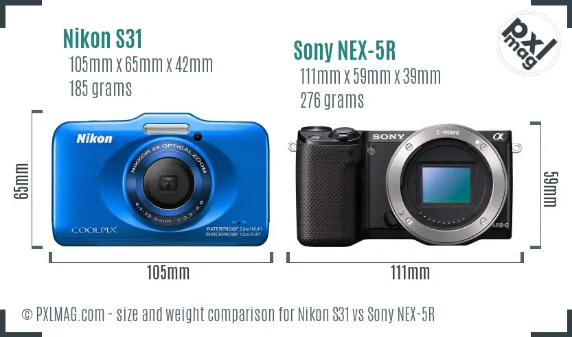 Nikon S31 vs Sony NEX-5R size comparison
