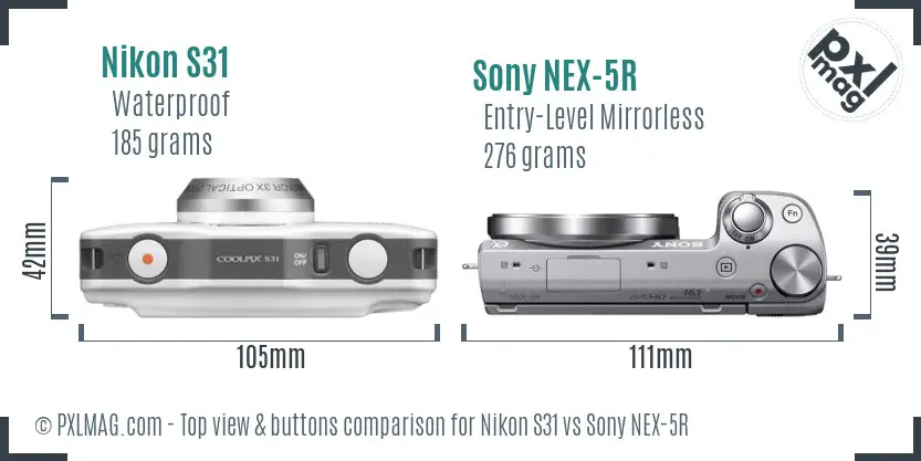 Nikon S31 vs Sony NEX-5R top view buttons comparison