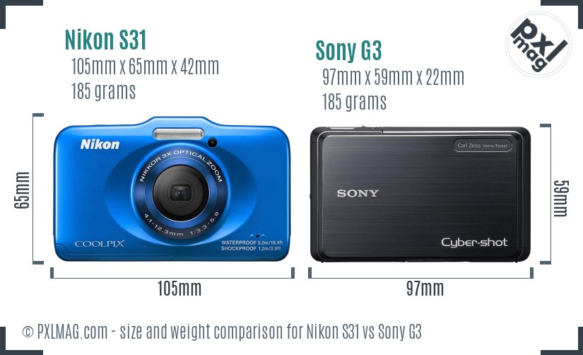 Nikon S31 vs Sony G3 size comparison
