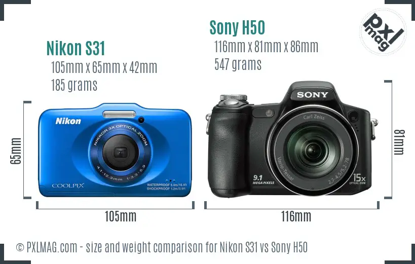 Nikon S31 vs Sony H50 size comparison