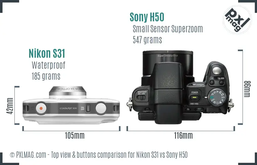 Nikon S31 vs Sony H50 top view buttons comparison