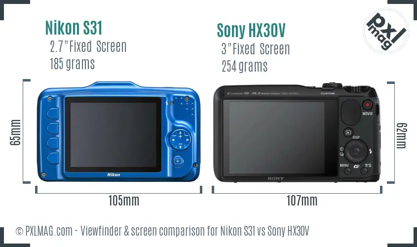 Nikon S31 vs Sony HX30V Screen and Viewfinder comparison