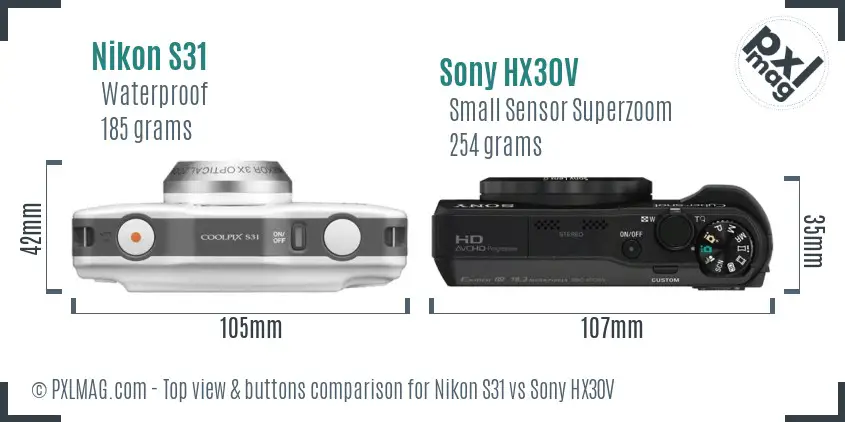 Nikon S31 vs Sony HX30V top view buttons comparison